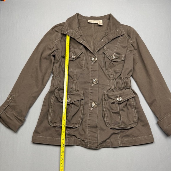 DKNY JEANS Women Brwn Utility Jacket Cargo Cinched Waist 3/4 Slv Button Front XS - Picture 3 of 9